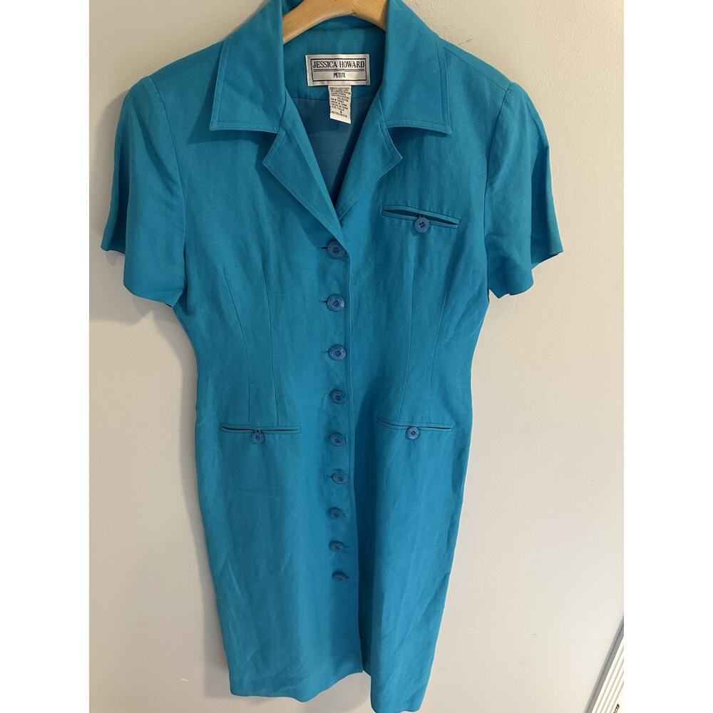 Vintage Jessica Howard Petite Teal Button Front Dress Sz 4 Career Sheath Preppy